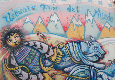 USHUAIA, ARGENTINA - APRIL 2, 2015: Mural art in Ushuaia, Argentina. A mural is any piece of artwork painted or applied directly on a wall, ceiling or other large permanent surfaceのeditorial素材