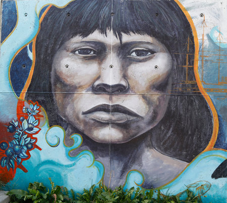 USHUAIA, ARGENTINA - APRIL 2, 2015: Mural art in Ushuaia, Argentina. A mural is any piece of artwork painted or applied directly on a wall, ceiling or other large permanent surfaceのeditorial素材