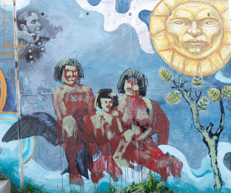USHUAIA, ARGENTINA - APRIL 2, 2015: Mural art in Ushuaia, Argentina. A mural is any piece of artwork painted or applied directly on a wall, ceiling or other large permanent surfaceのeditorial素材