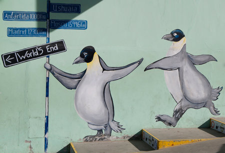 USHUAIA, ARGENTINA - APRIL 2, 2015: Mural art in Ushuaia, Argentina. A mural is any piece of artwork painted or applied directly on a wall, ceiling or other large permanent surfaceのeditorial素材
