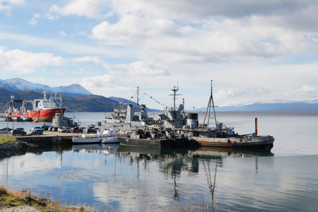 USHUAIA, ARGENTINA - APRIL 2, 2015: Integrated Naval Base Almirante Berisso  in Ushuaia, Tierra del Fuego. It  is the southernmost port of the Argentina Navy in  Argentine sector of the Beagle Channelのeditorial素材