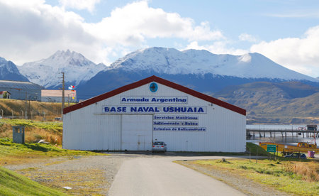USHUAIA, ARGENTINA - APRIL 2, 2015: Integrated Naval Base Almirante Berisso  in Ushuaia, Tierra del Fuego. It  is the southernmost port of the Argentina Navy in  Argentine sector of the Beagle Channelのeditorial素材