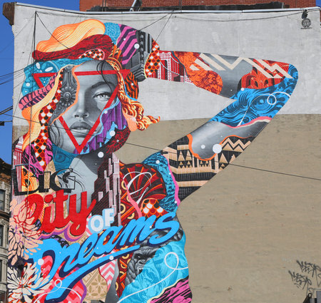 NEW YORK  MAY 14 2015: Mural art City of Dreams by Tristan Eaton in Little Italyのeditorial素材