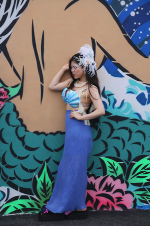 NEW YORK  JUNE 20 2015: Mermaid Parade participant at Coney Island in Brooklyn. The Coney Island Mermaid Parade is a parade that celebrates the beginning of the summer season in Coney Island NYのeditorial素材