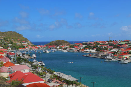 ST BARTS, FRENCH WEST INDIES - June 12, 2015:Aerial view at Gustavia Harbor in St Barts. The island is popular tourist destination during the winter holiday seasonのeditorial素材