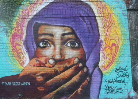 NEW YORK - JUNE 16, 2015: Mural art at Wellington Court in Astoria section in Queens. A mural is any...
