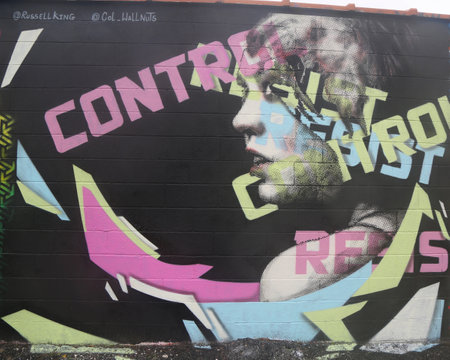 NEW YORK - JUNE 16, 2015: Mural art at Wellington Court in Astoria section in Queens. A mural is any piece of artwork painted or applied directly on a wall, ceiling or other large permanent surfaceのeditorial素材