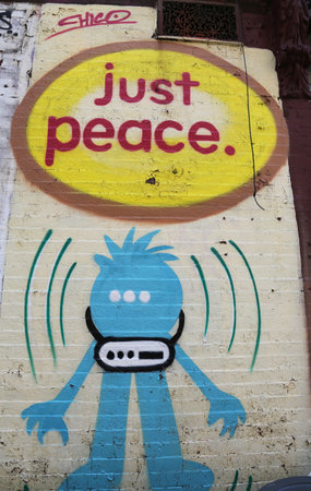 NEW YORK - JUNE 16, 2015: Mural art in Lower East Side in Manhattan. A mural is any piece of artwork painted or applied directly on a wall, ceiling or other large permanent surfaceのeditorial素材