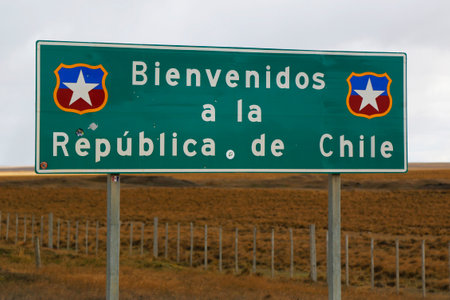 CHILE -APRIL 3, 2015: Road sign Bienvenidos a la Republica de Chile or Welcome to Chile near San Sebastian border  crossingのeditorial素材