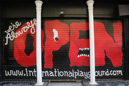 NEW YORK - JULY 17, 2015: Mural art in Lower Manhattan. A mural is any piece of artwork painted or applied directly on a wall, ceiling or other large permanent surfaceのeditorial素材