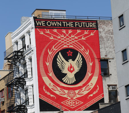 NEW YORK - JULY 17, 2015: Mural art in Lower Manhattan. A mural is any piece of artwork painted or applied directly on a wall, ceiling or other large permanent surfaceのeditorial素材