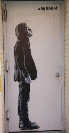 NEW YORK - JULY 17, 2015: Mural art in Lower Manhattan. A mural is any piece of artwork painted or applied directly on a wall, ceiling or other large permanent surfaceのeditorial素材