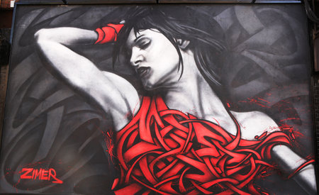 NEW YORK - JULY 17, 2015: Mural art in Lower Manhattan. A mural is any piece of artwork painted or applied directly on a wall, ceiling or other large permanent surfaceのeditorial素材