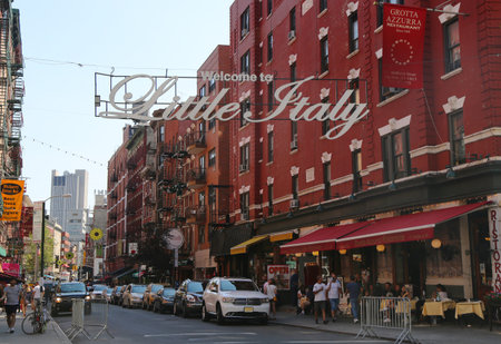 NEW YORK - JULY 17, 2015: Welcome to Little Italy sign in Lower Manhattan. Little Italy is an Italian community in Manhattan.のeditorial素材