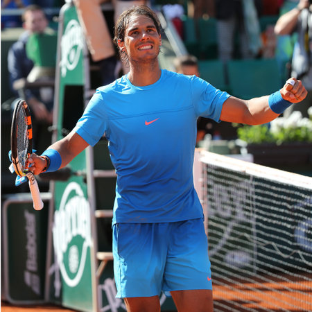 PARIS, FRANCE- MAY 28, 2015:Fourteen times Grand Slam champion Rafael Nadal during second round match at Roland Garros 2015 in Paris, Franceのeditorial素材