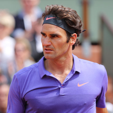 PARIS, FRANCE- MAY 29, 2015: Seventeen times Grand Slam champion Roger Federer in action during his  third round match at Roland Garros 2015 in Paris, Franceのeditorial素材