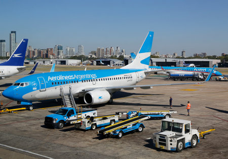 BUENOS AIRES, ARGENTINA - APRIL 1, 2015: Aerolineas Argentinas Boeing 737 at the gate at Jorge Newbery Airfield in Buenos Aires. It is the the nation s busiest airport by passenger trafficのeditorial素材