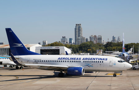 BUENOS AIRES, ARGENTINA - APRIL 1, 2015: Aerolineas Argentinas Boeing 737 on the apron at Jorge Newbery Airfield in Buenos Aires. It is the the nation s busiest airport by passenger trafficのeditorial素材