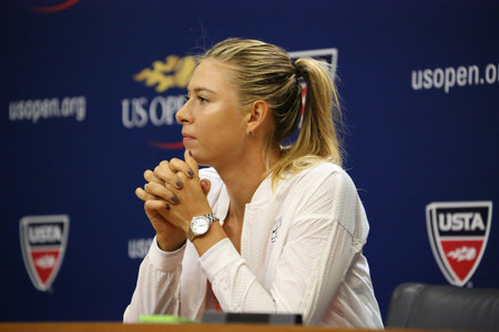 NEW YORK - AUGUST 30, 2015:Five times Grand Slam Champion Maria Sharapova during press conference before US Open 2015. Next day Maria withdraws from US Open with leg injuryのeditorial素材