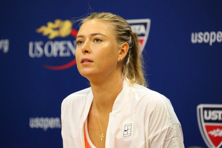 NEW YORK - AUGUST 30, 2015:Five times Grand Slam Champion Maria Sharapova during press conference before US Open 2015. Next day Maria withdraws from US Open with leg injury.のeditorial素材