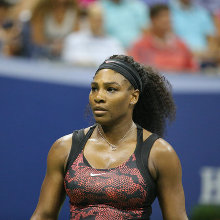 NEW YORK - SEPTEMBER 8, 2015: Twenty one times Grand Slam champion Serena Williams in action during her quarterfinal match against Venus Williams at US Open 2015 at National Tennis Center in New Yorkのeditorial素材