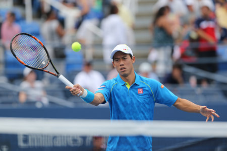 NEW YORK - AUGUST 31, 2015: Professional tennis player Kei Nishikori of Japan in action during first round match at US Open 2015 at Billie Jean King National Tennis Center in New Yorkのeditorial素材