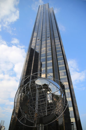 NEW YORK - OCTOBER 8, 2015: Globe in the front of Trump International Hotel and Tower at Columbus Circle in Manhattan, New Yorkのeditorial素材