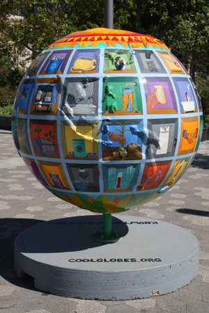 NEW YORK - SEPTEMBER 24, 2015: Cool globes exhibition at Battery Park in Lower Manhattan. It is a public art exhibition designed to raise awareness of solutions to climate changeのeditorial素材