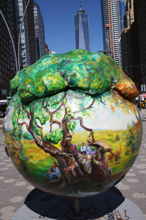 NEW YORK - SEPTEMBER 24, 2015: Cool globes exhibition at Battery Park in Lower Manhattan. It is a public art exhibition designed to raise awareness of solutions to climate changeのeditorial素材