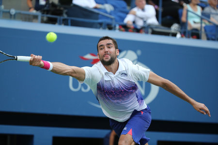 NEW YORK - SEPTEMBER 8, 2015: Grand Slam champion Marin Cilic of Croatia in action during his quarterfinal match at US Open 2015 at National Tennis Center in New Yorkのeditorial素材