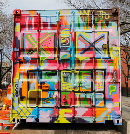 NEW YORK - APRIL 16, 2015: Mural art in Lower East Side in Manhattan. A mural is any piece of artwork painted or applied directly on a wall, ceiling or other large permanent surfaceのeditorial素材