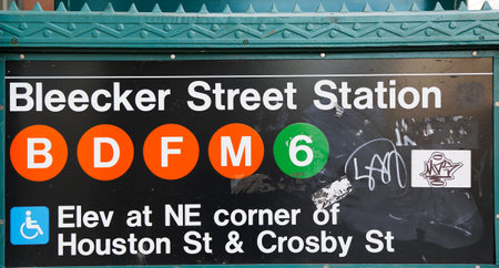NEW YORK CITY - APRIL 16, 2015: Bleecker Street  Subway Station entrance in Manhattan. Owned by the NYC Transit Authority, the subway system has 469 stations in operationのeditorial素材