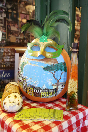 NEW YORK - NOVEMBER 3, 2015: Painted pumpkin at Italian restaurant in historic Little Italy in lower Manhattan.のeditorial素材