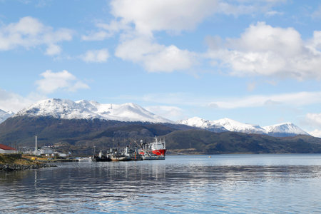 USHUAIA, ARGENTINA - APRIL 2, 2015: Boats and yachts in Ushuaia Harborのeditorial素材