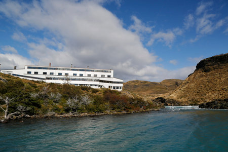TORRES DEL PAINE, CHILE - APRIL 4, 2015: Hotel Salto Chico Explora Patagonia at turquoise Lake Pehoe in Torres del Paine National Park, Patagonia, Chileのeditorial素材