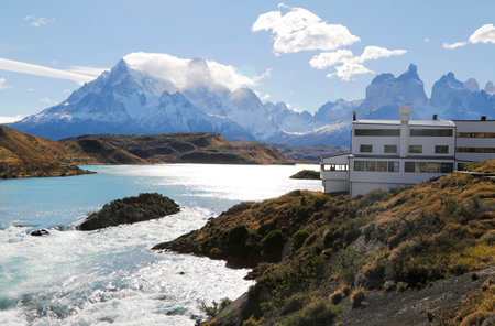 TORRES DEL PAINE, CHILE - APRIL 4, 2015: Hotel Salto Chico Explora Patagonia at turquoise Lake Pehoe in Torres del Paine National Park, Patagonia, Chileのeditorial素材