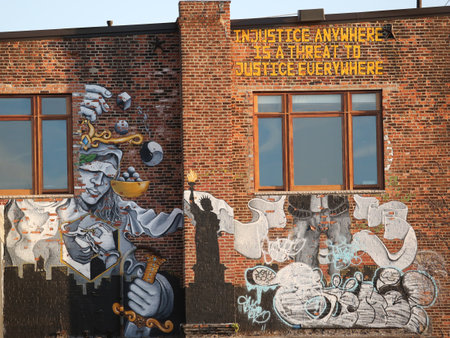 NEW YORK -  AUGUST 22, 2015: Mural art in Red Hook section of Brooklyn. A mural is any piece of artwork painted or applied directly on a wall, ceiling or other large permanent surfaceのeditorial素材