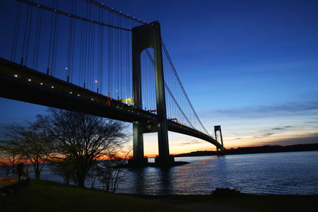 NEW YORK - NOVEMBER 27, 2015: Verrazano Bridge in New York. The Verrazano Bridge is a double-decked suspension bridge that connects the boroughs of Staten Island and Brooklynのeditorial素材