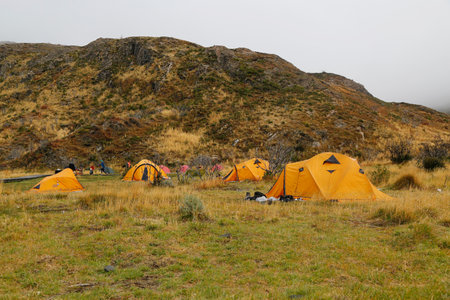TORRES DEL PAINE, CHILE - APRIL 6, 2015:Trekking Camping in the Torres del Paine National Park, Patagonia, Chileのeditorial素材