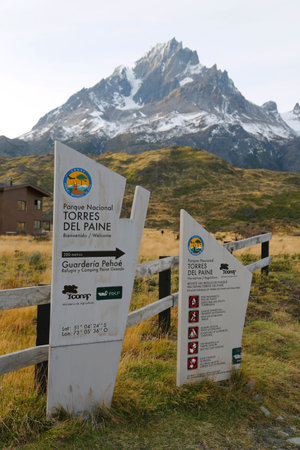 TORRES DEL PAINE, CHILE - APRIL 5, 2015: Sign at the entrance of Torres del Paine National Park, Patagonia, Chileのeditorial素材