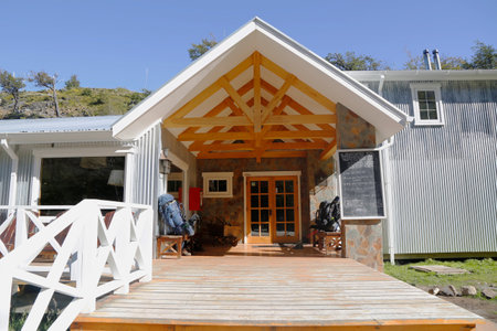 TORRES DEL PAINE, CHILE - APRIL 5, 2015: Refugio Lago Grey and Camping in Torres del Paine National Park, Patagonia, Chileのeditorial素材