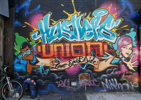 NEW YORK - APRIL 16, 2015: Mural art in Lower East Side in Manhattan. A mural is any piece of...