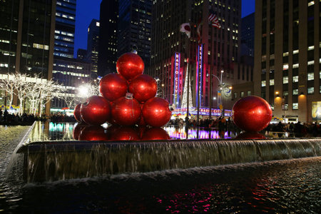 NEW YORK - DECEMBER 13, 2015: New York City landmark, Radio City Music Hall in Rockefeller Center decorated with Christmas decorations in Midtown Manhattanのeditorial素材