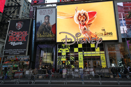 NEW YORK - DECEMBER 13, 2015: Broadway signs in Manhattan. With over 40 prominent theater houses, Broadway theater is considered one of the world s highest levels of commercial theaterのeditorial素材