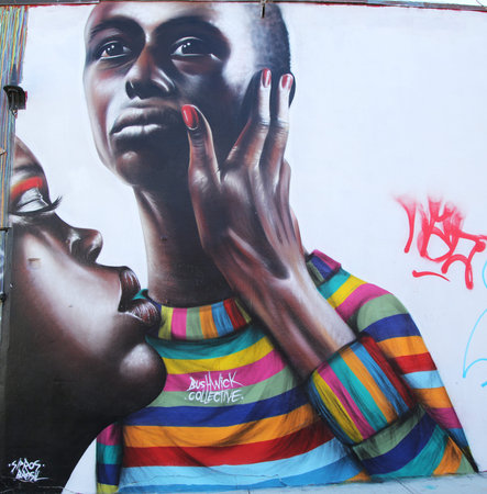 NEW YORK - DECEMBER 15, 2015: Mural art at East Williamsburg in Brooklyn. Outdoor art gallery known as the Bushwick Collective has most diverse collection of street art in Brooklynのeditorial素材