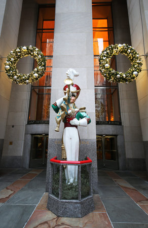 NEW YORK CITY- DECEMBER 5, 2015: Wooden toy soldier bugler Christmas decoration at the Rockefeller...