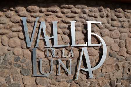 ATACAMA DESERT, CHILE - APRIL 10, 2015: Sign at the entrance at the Valle de la Luna or Moon Valley nature reserve in Atacama Desert, Chileのeditorial素材