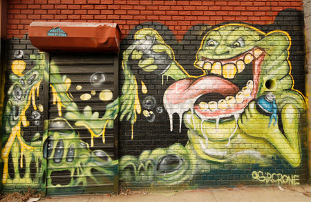 NEW YORK - JANUARY 7, 2016: Mural art at East Williamsburg in Brooklyn. Outdoor art gallery known as the Bushwick Collective has most diverse collection of street art in Brooklynのeditorial素材