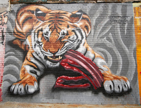 NEW YORK - JANUARY 7, 2016: Mural art at Wellington Court in Astoria section in Queens. A mural is any piece of artwork painted or applied directly on a wall, ceiling or other large permanent surfaceのeditorial素材