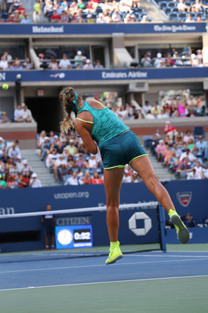 NEW YORK - SEPTEMBER 5, 2015: Two times Grand Slam champion Victoria Azarenka of Belarus in action during US Open 2015 third round match at Arthur Ashe Stadiumのeditorial素材